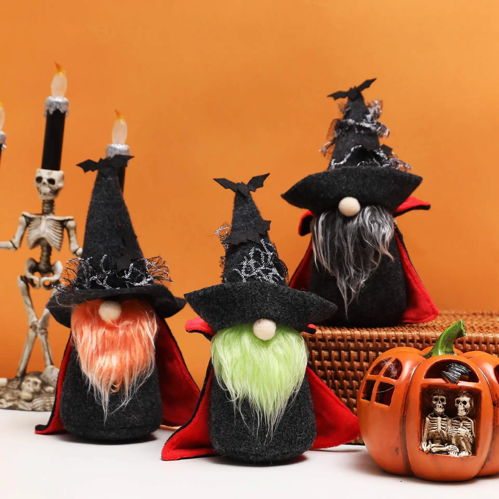 Handmade Plush Halloween Gnome With Black Hat Cloak For Halloween Home Tabletop Ornaments Doll Decor