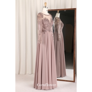 妈妈新娘现代咖啡色雪纺裙加大码长袖全背勺领刺绣串珠亮片晚装 - Product Image 2