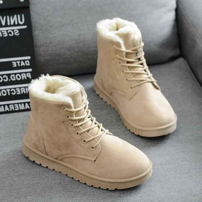 Factory direct supply short winter ankle warm winter hot pink snow boots lace up shoes for women