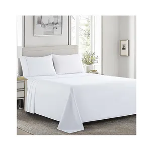 Twin XL 100 Plain Custom White Plain Dyed Polyester Bedsheets Fitted Flat Bed Sheet with Elastic Corner Bands