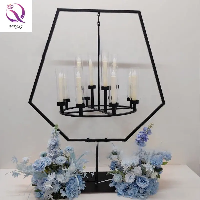 Nuevo candelabro de decoración de boda, marco de Metal forjado de hierro, candelabro negro colgante para decoración del hogar, accesorios de boda