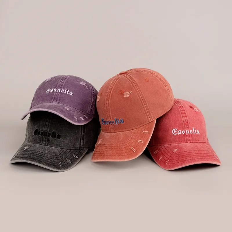OEM Customized Made Unstructured Washed Baseball Caps And Dad Hats Old Distressed Ripped Hat With Embroidered Logo