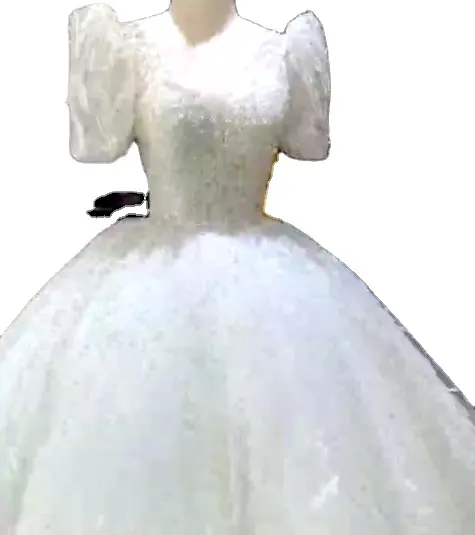 S0445H New Elegant Bohemian Style Spring Best Selling Fairy Princess V Neck Puff Sleeve Floor-Length Pearl Wedding Dress
