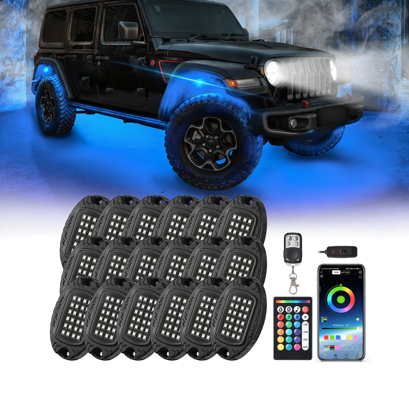 Lampu Rock LED Aluminium 18pod, untuk Jeep Plug and Play terlaris multi Warna Off Road Neon Remote Control