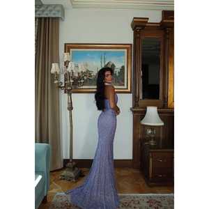 Vestido de Fiesta Largo Morado con Lentejuelas, sin Tirantes, Corte A, Cuello Alto, Talla XS, para Mujer, con Cintura Imperio y Flores Decorativas - Product Image 1