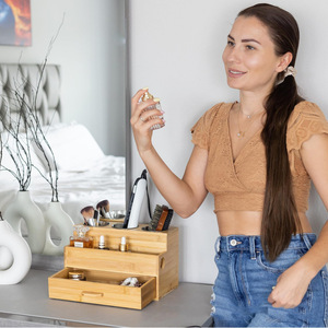Bamboo Cosmetic Storage <b>Box</b> With Drawer And Layered Rack For <b>Makeup</b> And Hair Tools Desktop Organizer - Product Image 4