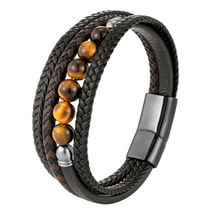 Bracelet en cuir véritable multi-couches avec perles en pierres semi-précieuses et fermoir magnétique en acier inoxydable 316L pour homme - Product Image 1