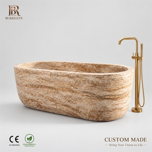 <span class=keywords><strong>Vasca</strong></span> <span class=keywords><strong>da</strong></span> bagno autoportante <span class=keywords><strong>in</strong></span> travertino multicolore marrone crema Wabi-sabi, intagliata per progetti <span class=keywords><strong>da</strong></span> <span class=keywords><strong>giardino</strong></span> e a bordo piscina - Product Image 1