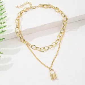 Manufacturer Supplier 2022 New Women Gold Lock Pendant Double Chain Necklace For Evening Party