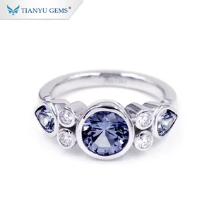 Tianyu 14k/18k solid white gold engagement ring blue sapphire and moissanite wedding lady ring