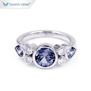 Tianyu Cincin 14K/18K Wanita Pernikahan, Emas Putih Solid Safir Biru dan Moissanite