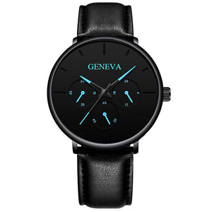 Venta caliente de tres ojos,. Los hombres de la correa de cuero de la PU de <span class=keywords><strong>Ginebra</strong></span> reloj de cuarzo con bajo precio relojes - Product Image 5