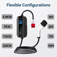 Station de recharge pour véhicules électriques 32A/22kw, 10m, 7m, 6m, 5m Chargeur portable pour véhicules électriques