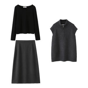 Chaleco de punto con media cremallera Runqi para mujer, talla grande, color gris oscuro, suéter de color liso N9282, top de moda de ajuste holgado - Product Image 1