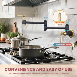 Grifo de llenado de ollas, Oro Negro, latón macizo, grifo de estufa de cocina de montaje en pared con brazos oscilantes de doble junta - Product Image 3