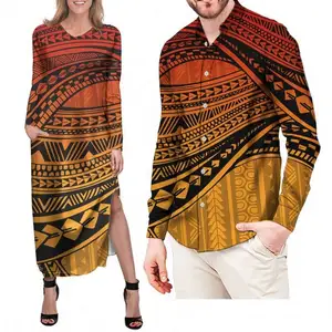 Fashion Desgin 2 Pcs Set Womens Clothing Matching Men Shirts Long Sleeve Couple Clothes Polynesian Tribal Printed Elegant Women