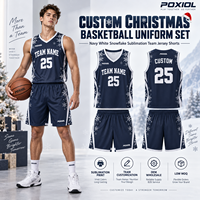 Ensemble d'uniformes de basketball personnalisés flocon de neige de Noël, maillot et short de sublimation bleu marine et blanc à col en V, nom d'équipe personnalisé, faible MOQ