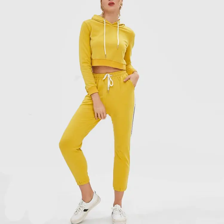 Kadın eşofman setleri bayan giyim Sarı Kısa Mahsul Spor Salonu Hoodie Yan Çizgili pantolon seti