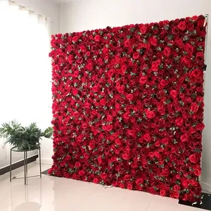 カスタム3D赤い色花の壁装飾的な結婚式人工シルク偽のバラの花の壁