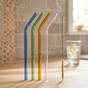 Metal <b>Drinking</b> <b>Straws</b> Set of 4 Reusable Bendable <b>Straws</b> with Cleaning Brush in Blue Green Gold Pink Modern Bar Accessories - Product Image 5