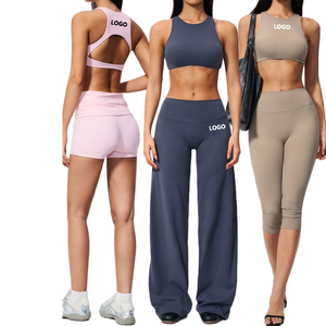 Ensemble de sport 4 pièces respirant et antibactérien pour femme : soutien-gorge de sport imprimé, veste zippée et pantalon long à taille élastique - Product Image 1
