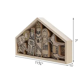 Uma casa de madeira com 11 figuras diferentes, madeira mini conjunto de cenário natal presente de natal