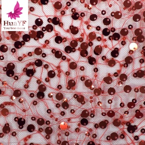 HY1339 <span class=keywords><strong>Tessuto</strong></span> in <span class=keywords><strong>Tulle</strong></span> <span class=keywords><strong>Rosso</strong></span> con Piume e Paillettes Lucide, Ricamo in Rete con Perline per Collezioni di Moda - Product Image 4