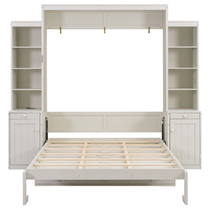 Queen Size Modern Solid Wood Murphy Bed with <b>Desk</b> & Storage Space-Saving <b>Wall</b> Bed with Cabinets & Drawers White - Product Image 4