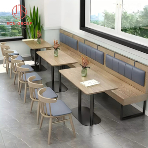 Juego de Muebles Modernos para Restaurante, Mesas Cuadradas de Madera con Sillas de Madera con Respaldo de Listones Verticales y Sofá de Cuero Azul para Cafetería - Product Image 5