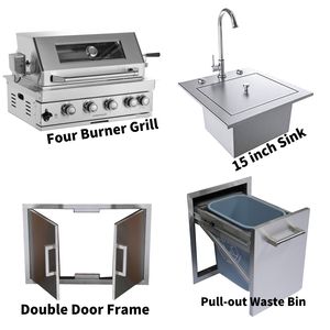 Lager in den USA Lager SS 4 Brenner Grill 15 Zoll Waschbecken Doppeltür rahmen Ausziehbarer Abfall behälter Eingebaute Außen küche - Product Image 1