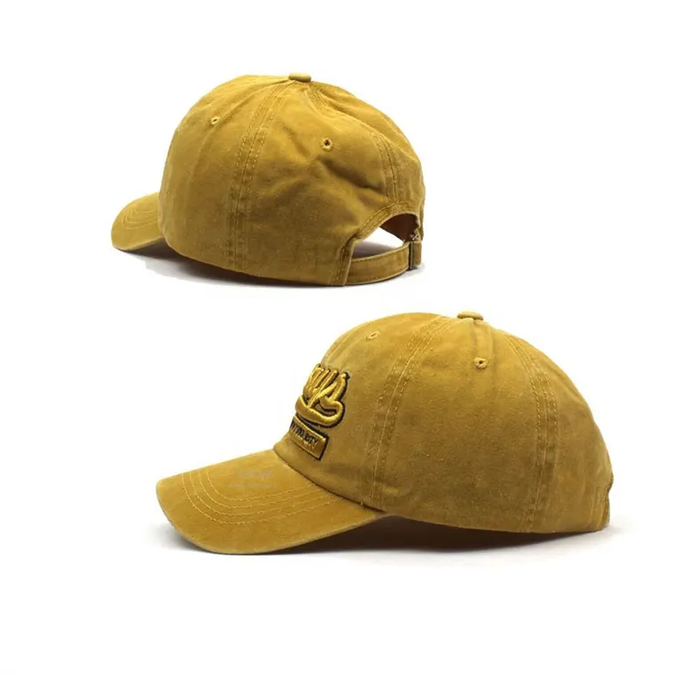 หมวกเบสบอล6แผงล้างฝ้ายสีเหลืองหมวกเบสบอลหมวกวินเทจเย็บปักถักร้อย3d ออกแบบเอง