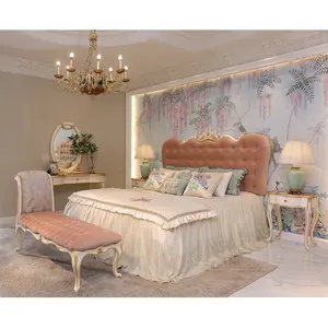 皇家豪华经典粉色意大利天鹅绒布艺装饰超大尺寸全卧室家具套装