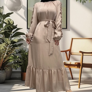 9.9 Popular Dress Rose Satin Material Crew Neck Elastic Cuff Pleated Dress Classy Muslim <b>Islamic</b> Women Abaya Dress 6582# - Product Image 5