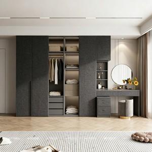 Système de garde-robe moderne de luxe BALOM 2026 avec coin de rangement ouvert et finition en bois de couleur neutre pour la conception de placards de chambre à coucher - Product Image 6