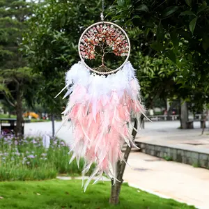 Tree Of Life Dream Catchers Feather Agate Crystal Wind Chime Wall Hanging Home Ornament Dream Catcher For Bedroom Garden