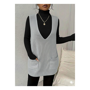 Gilet en tricot sans manches pour femme avec poches, beige, taille S M XL, longueur 85 cm - Product Image 2