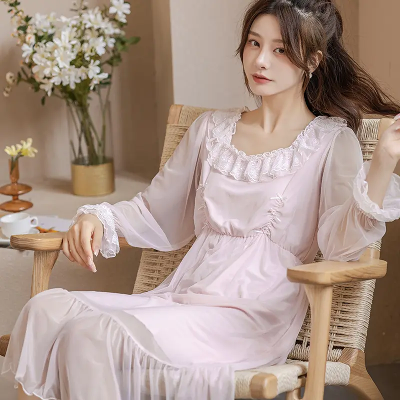 Kraliyet dantel gecelik kadın ilkbahar/yaz prenses tarzı vintage naylon fransız örgü pijama orta uzunlukta peri elbisesi