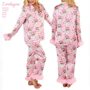 Loveda Custom Cute Santa Claus Loungewear Pink Feather Trim Christmas Pajamas For Women Set