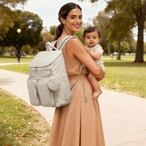 Sac à dos pour couches pour mamans et papas, sac de voyage pour bébé avec étui pour sucette et poches isothermes, beige - Product Image 2