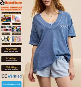T-<span class=keywords><strong>shirt</strong></span> pour <span class=keywords><strong>femme</strong></span> en coton slub, <span class=keywords><strong>col</strong></span> en <span class=keywords><strong>V</strong></span>, épaules tombantes, <span class=keywords><strong>manches</strong></span> courtes, coupe oversize, design personnalisé, vente en gros - Product Image 1