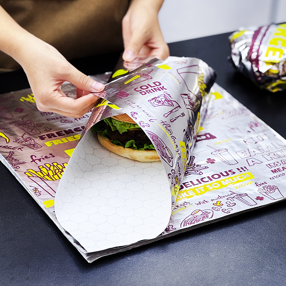 Custom Logo Printed Aluminum Foil Insulation Recyclable Wax Paper Food Wrapping Paper For Sandwich Burger Bread Use