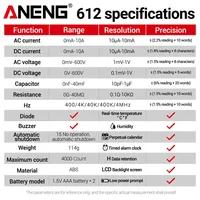 Multimètre numérique intelligent ANENG 612, 4000 comptes, True RMS, testeur de tension et de courant AC/DC avec calendrier et réveil