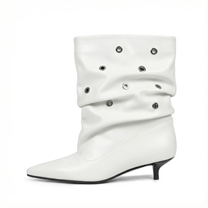 Women‘s Extra Wide Calf Slouch Boots Slip On 3.5CM Low Stiletto Heel Pointed Toe PU Ankle Booties - Product Image 6