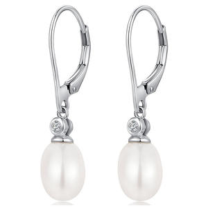 Orecchini pendenti classici in argento 925 placcato oro bianco con perle Akoya, perle coltivate ovali, gioielli da sposa per donna - Product Image 1