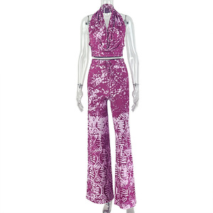 Ensemble pantalon ample imprimé color block personnalisé pour femme, ensemble deux pièces long d'été à col bénitier - Product Image 5