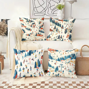 Acogedoras almohadas decorativas de invierno con escenas de esquí nevadas, mostrando personas disfrutando de las pistas y los telecabinos. - Product Image 2