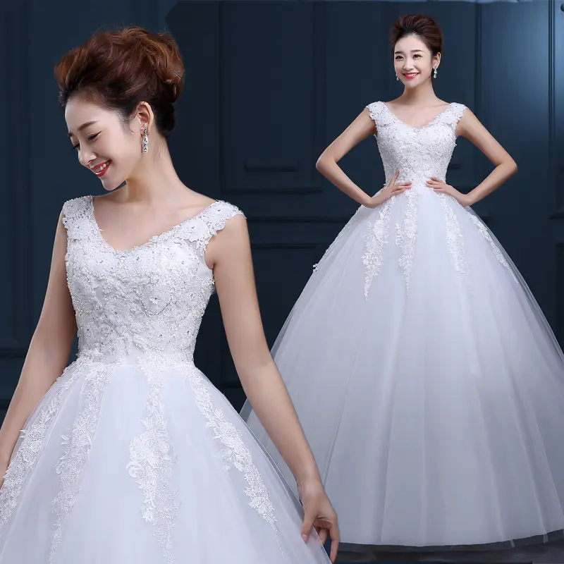 2020 Spring New Fashion V Neck Pure White/Ivory Beaded 3D Flower Floor length Lace up back bridal wedding Gown