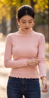 Pull-over élégant en maille à col montant couleur pêche pour femme, à manches longues, avec volants et détail nœud, idéal pour l'hiver, le bureau ou les rendez-vous.
