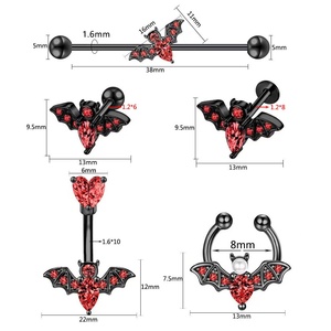 Meilleures ventes Série <span class=keywords><strong>Bat</strong></span> Accessoires de piercing : Boucles d'oreilles à tige longue, Piercings de nombril en zircon, Piercings de nez, Boucles d'oreilles - Ensemble assorti de 5 pièces - Product Image 5