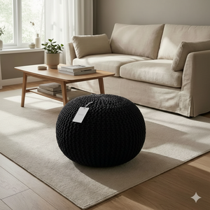 Modern Style Hand Knitted Cotton Dori <b>Pouf</b> Floor Ottoman Handmade Hand Stitched Bead Rope Cable Design 2-Piece Wedding - Product Image 3